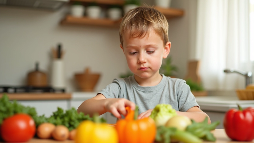 Criança pequena ajudando a preparar alimentos na cozinha, sorrindo e aprendendo