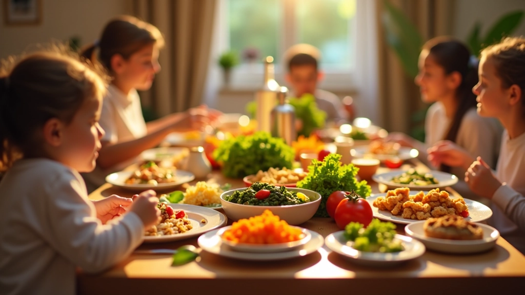 Mesa de jantar familiar com vários pratos de comida saudável e colorida