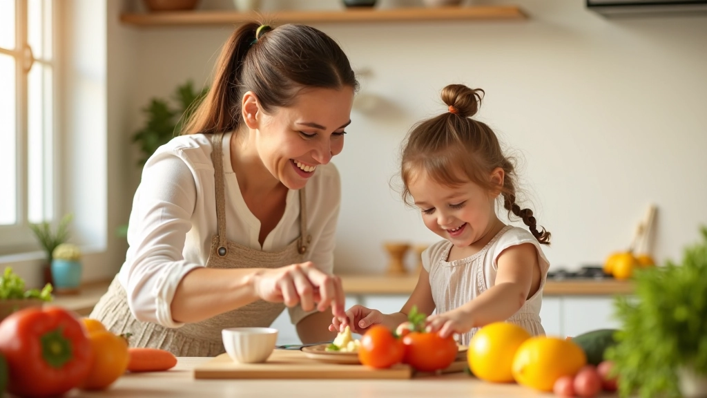 Mãe e filha pequena preparando comida juntas na cozinha, sorrindo